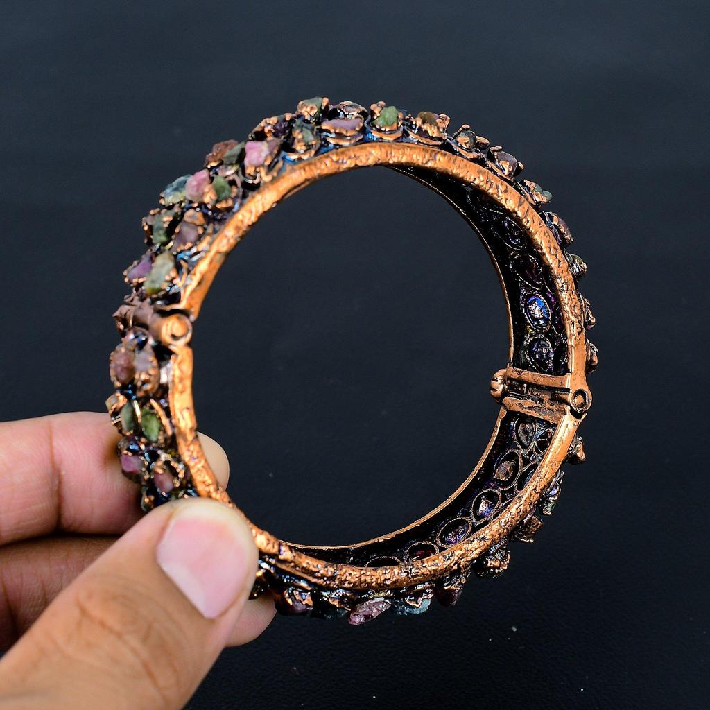 Multi-Tourmaline Cuff Bracelet Real Gemstone Bangle, Copper Electroformed Bracelet Handmade Jewelry, Adjustable Bangle For Gift Women Jewelry