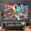 A 2D flat banner for a winter ski resort party - a scene of a snow mountain cabin and a ski lift,suitable for festive decoration