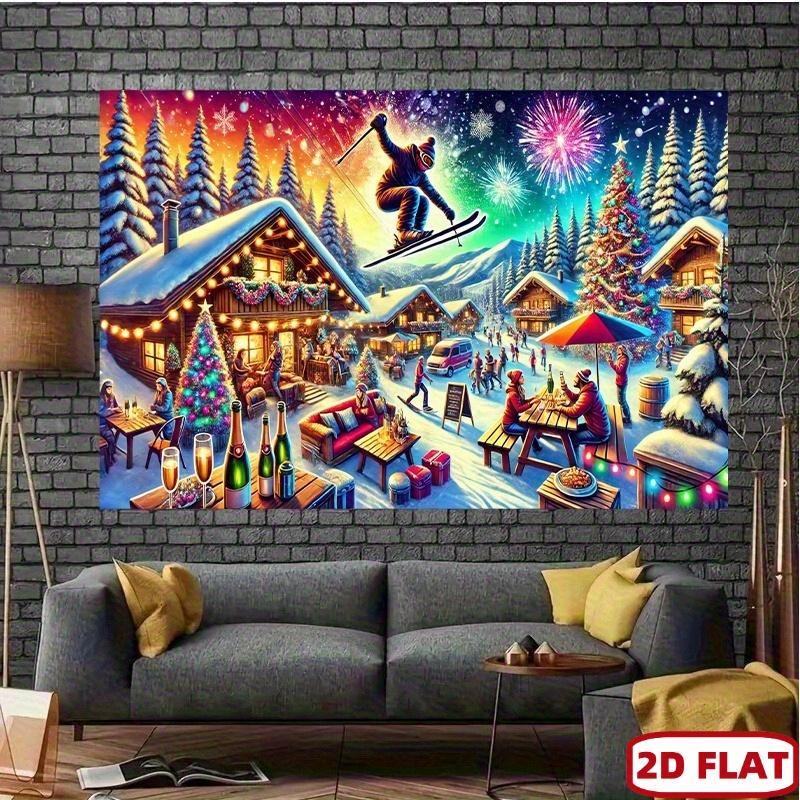 A 2D flat banner for a winter ski resort party - a scene of a snow mountain cabin and a ski lift,suitable for festive decoration
