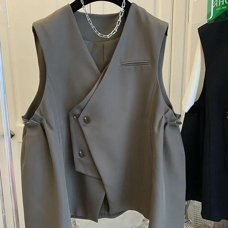 Женский весенне-осенний свободный повседневный костюм в корейском стиле, жилетного дизайна, уникальная верхняя одежда