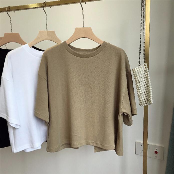 Корейский стиль с коротким рукавом женские выдалбливают крутые однотонные укороченные летние повседневные футболки