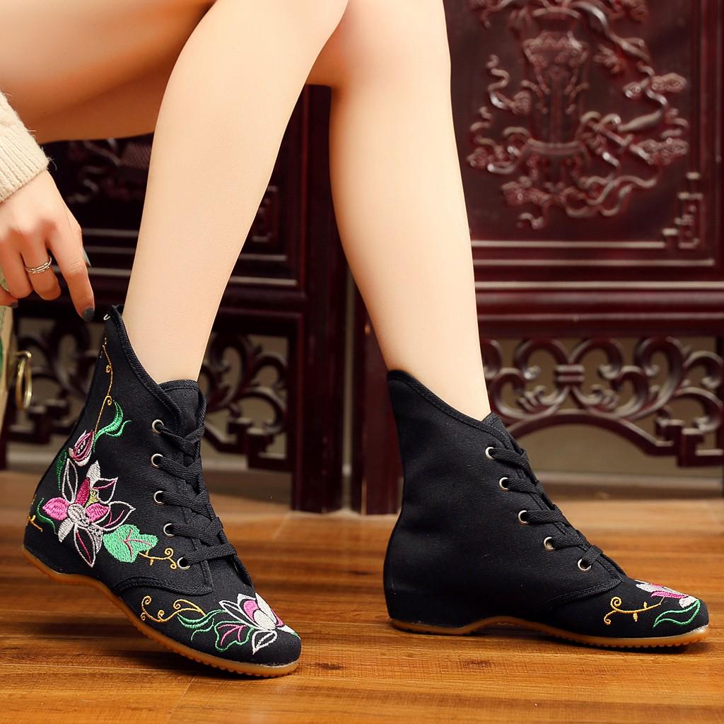 Women's Embroidered  Bare Booties Sport Lace-Up Square Heel Short Boots