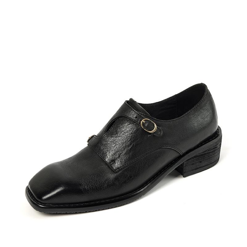 Women Shoes Style Vintage Cowhide Women's Leather Shoes Square Toe Belt Buckle Mid-heel Pumps Fall New Fashion Loafers Shoes