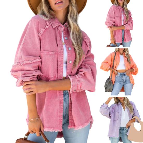 Женская джинсовая куртка с отложным воротником и пуговицами на подоле с бахромой, большой карман, однотонный, свободный, негабаритный, женское пальто средней длины, уличная одежда