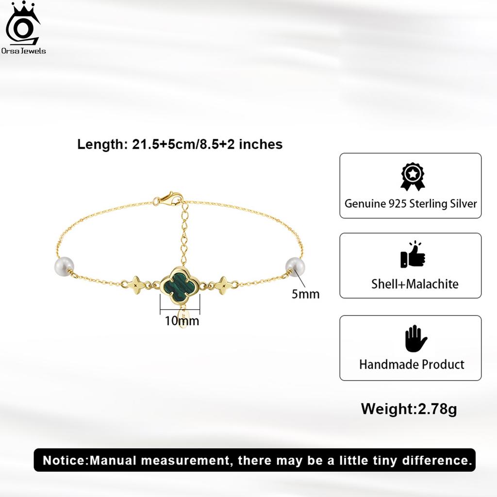 ORSA JEWELS Серебряный браслет на щиколотку из жемчуга в форме ракушки 925 пробы и Зеленый Малахит Клевер на удачу Летний Подарок GMA05
