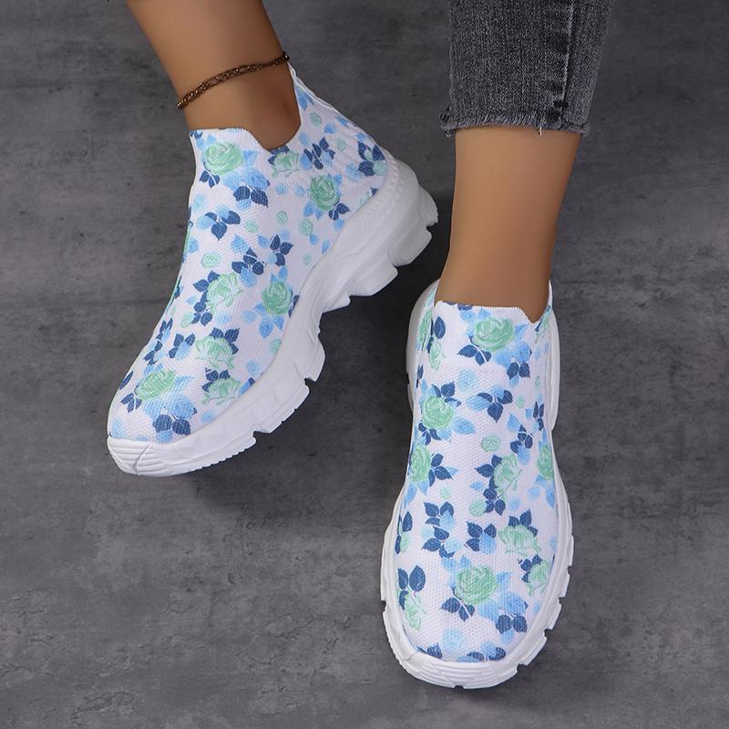 Осенние новые трикотажные туфли на плоской подошве с цветочным принтом, женские дышащие спортивные кроссовки с сетчатой основой, женские повседневные кроссовки для ходьбы, размер плюс 43