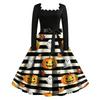 Women's Vintage Long Sleeve Square Neck Halloween Print Party Dress with Flared Skirt and Waist Tie for Evening Events