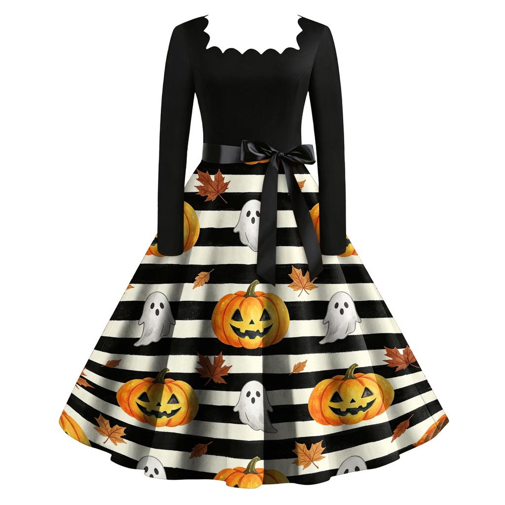 Women's Vintage Long Sleeve Square Neck Halloween Print Party Dress with Flared Skirt and Waist Tie for Evening Events