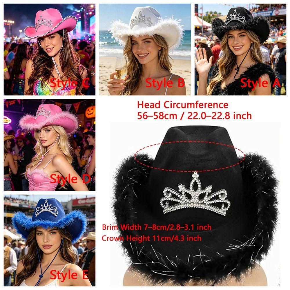 Wide Curved Brim Rhinestone Tiara Cowgirl Hat Sparkly Western Cowboy Cap Birthday Party