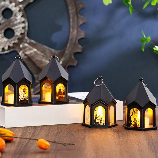 Plastic Decorative Lights Halloween Pumpkin Lantern, Gothic House Shape LED Flickering Candle Light Witch And Ghost Stickers for Party, Spooky