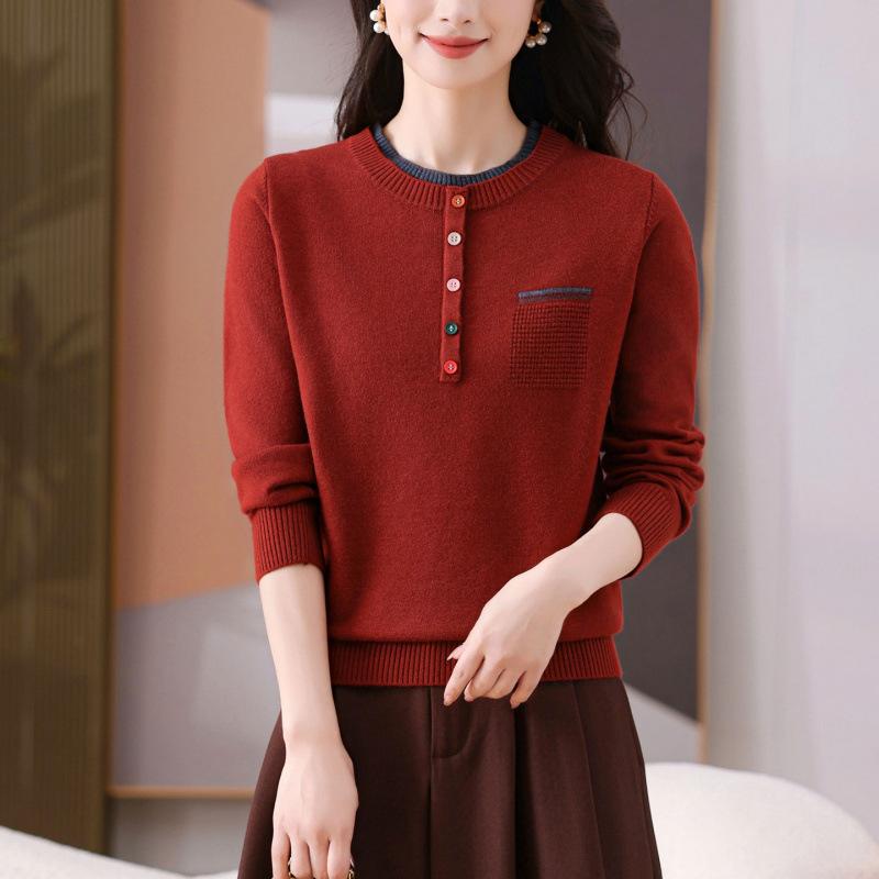 Женский вязаный свитер с круглым вырезом, дизайн с цветовыми блоками, Осень Зима, Новый, Элегантный, Модный, С длинным рукавом, Универсальный топ-пуловер