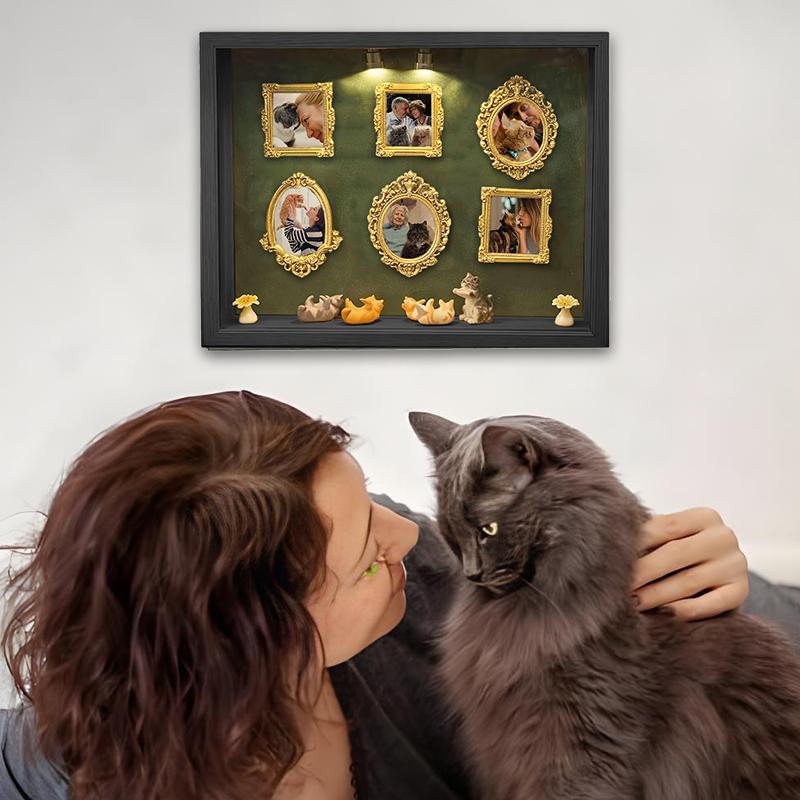 DIY Cat Mini Museum Silhouette Box, Familyand Cat Memory Photo Display Case Frame Silhouette Box With Light