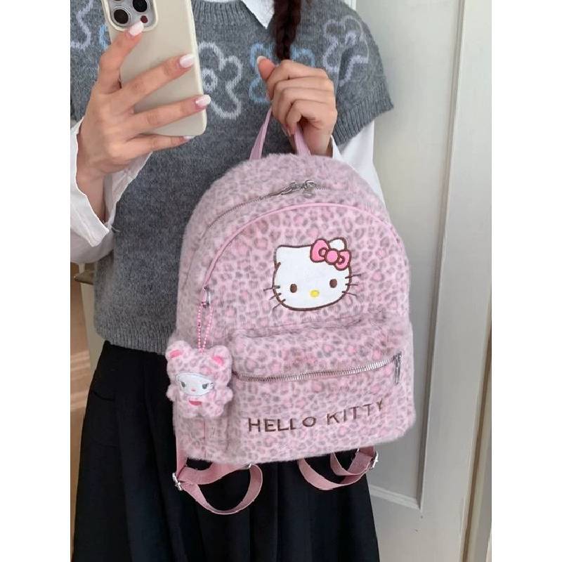 Cute Cartoon Hello Kitty Cat Backpack With Leopard Print Pu Material For Daily Use And Storage