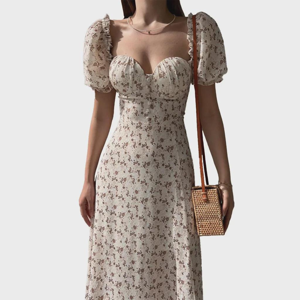 2025 Floral Print Waist-Cinched Mid-Length Dress - European & American Style