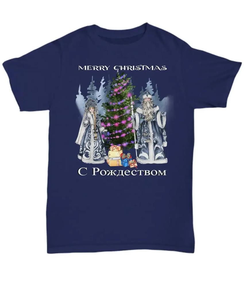 Russian Merry Christmas Design Santa Claus Snegurka Wish Art TShirt New 100 Cotton Short Sleeve ONeck Casual Unisexs Tshirt