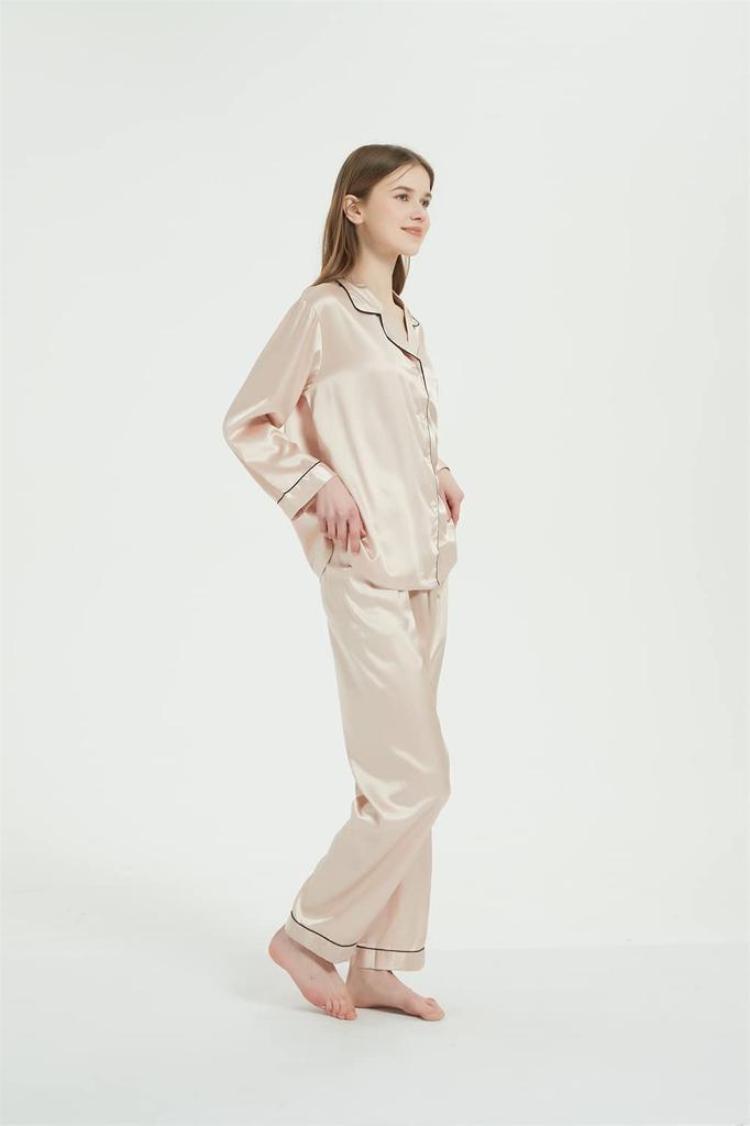 Pajamas Silk Satin Top and Bottom Set Room Wear Loungewear Long Sleeve Open Front Light Pink L [KUMASEN] Women's