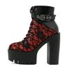 Gdgydh Gothic Vintage Lace Red High Heel Ankle Boots with Platform Sole Ankle Strap Women Boots for Dressy Occasions