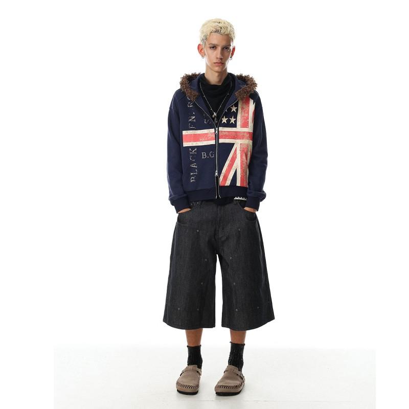 Mens Oversized Hooded Zip-Up Sweatshirt With Cotton Blend Retro American Style Floral Flag Print Casual Wear