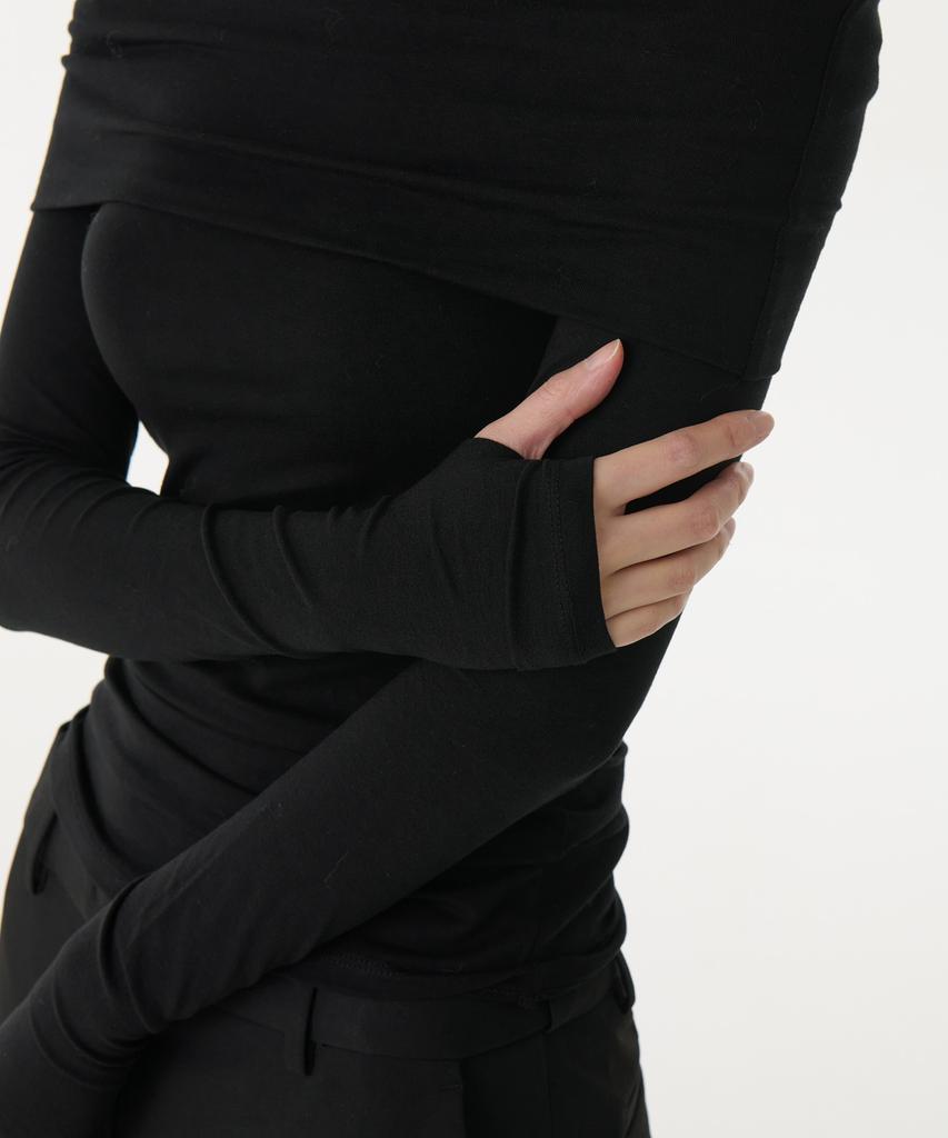 MUSINSA STANDARD WOMAN Женская футболка из тенсела с отложным воротником, открытыми плечами и длинным рукавом [Черный]