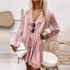 Spring Summer Women Fashion Mesh Party Dresses Elegant Long Sleeve Loose Chiffon Dress Sexy V Neck Ruffle Lady Beach Mini Dress