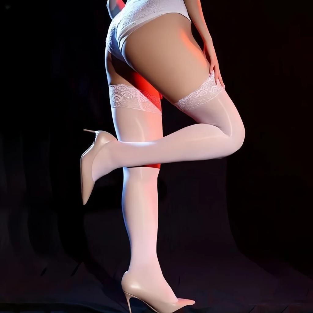 8D Oil Glossy Lace Thigh High Long Socks Reflective Shiny Elasticity Anti-Slip Over Knee Fishnet Stockings for Women