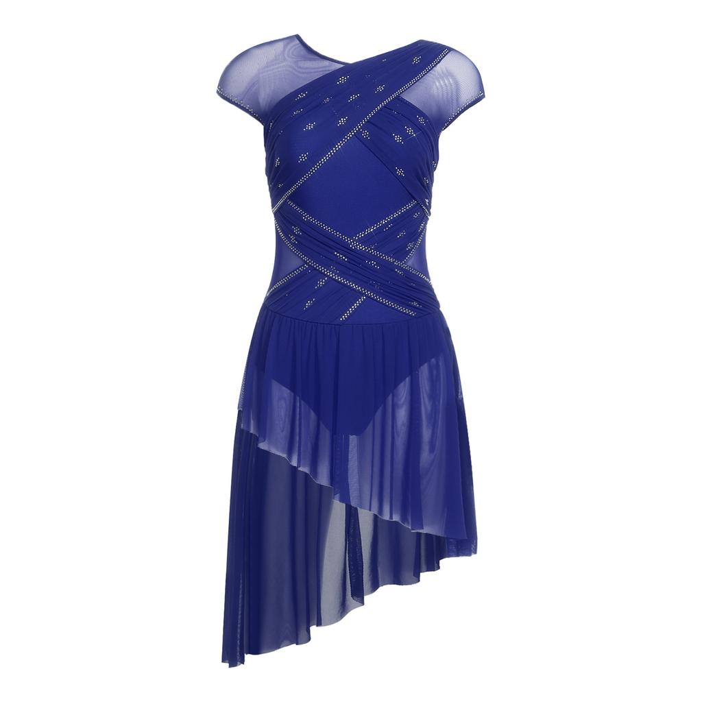 Женский купальник-платье для фигурного катания Сборки Сетчатый верх Стразы Неровный подол Открывающаяся ластовица Боди