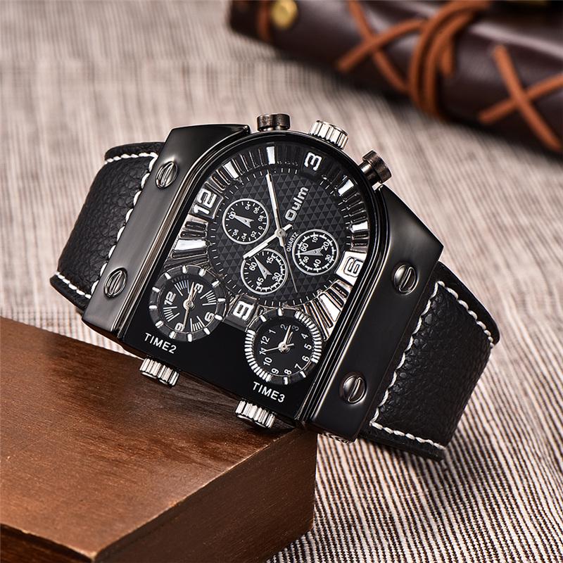 Men's Three Time Zone Leather Strap Sports Watch Outdoor Waterproof Chronograph Quartz Wristwatch