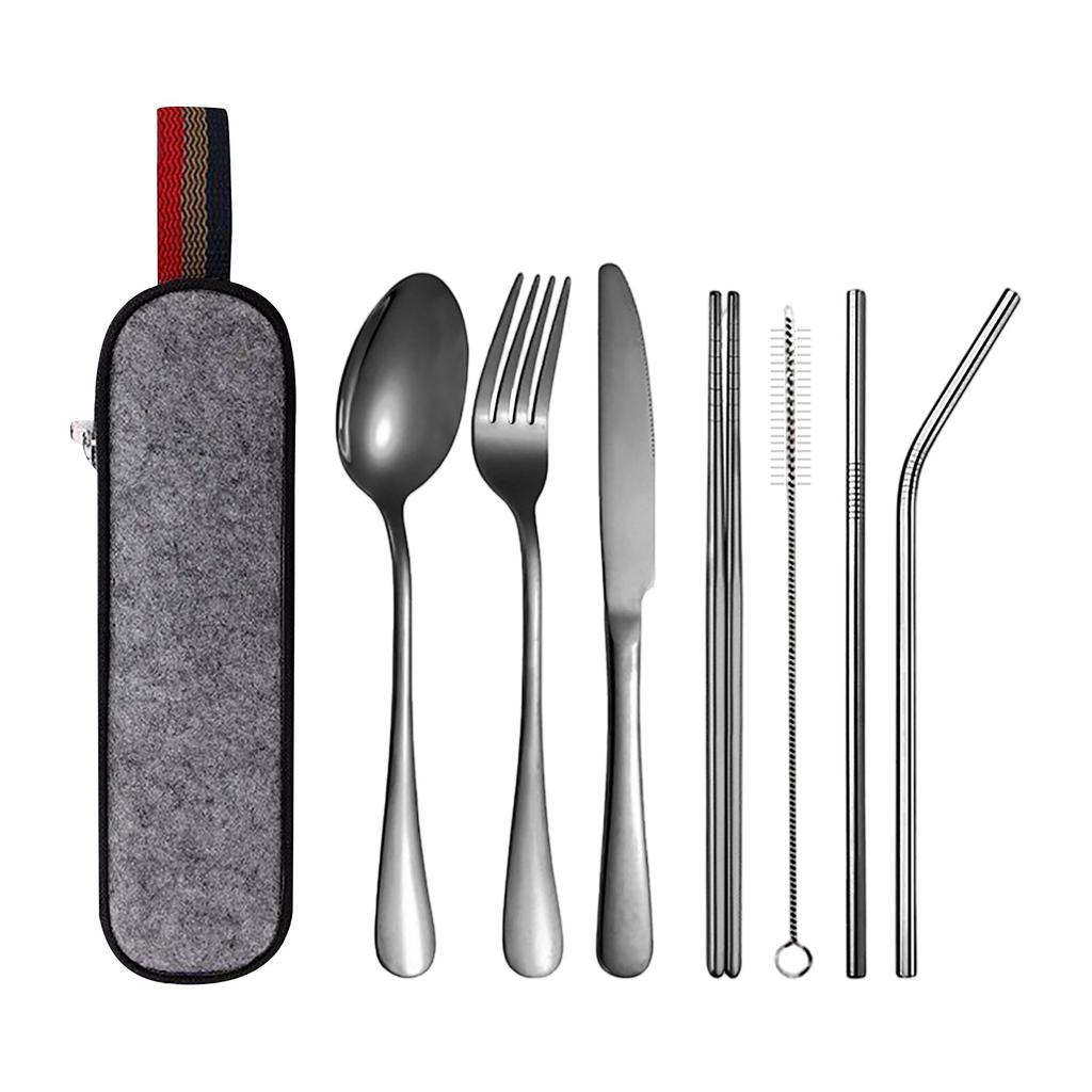 Stainless Steel Tableware Set Straw Knife Fork Spoon Chopsticks Seven-piece Set Outdoor Camping Travel Portable Tableware