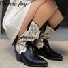 Мода Винтажные женские сапоги в стиле ковбойши Модные туфли с острым носком и вышивкой Осень-зима Толстый каблук Дамы Длинные сапоги рыцаря