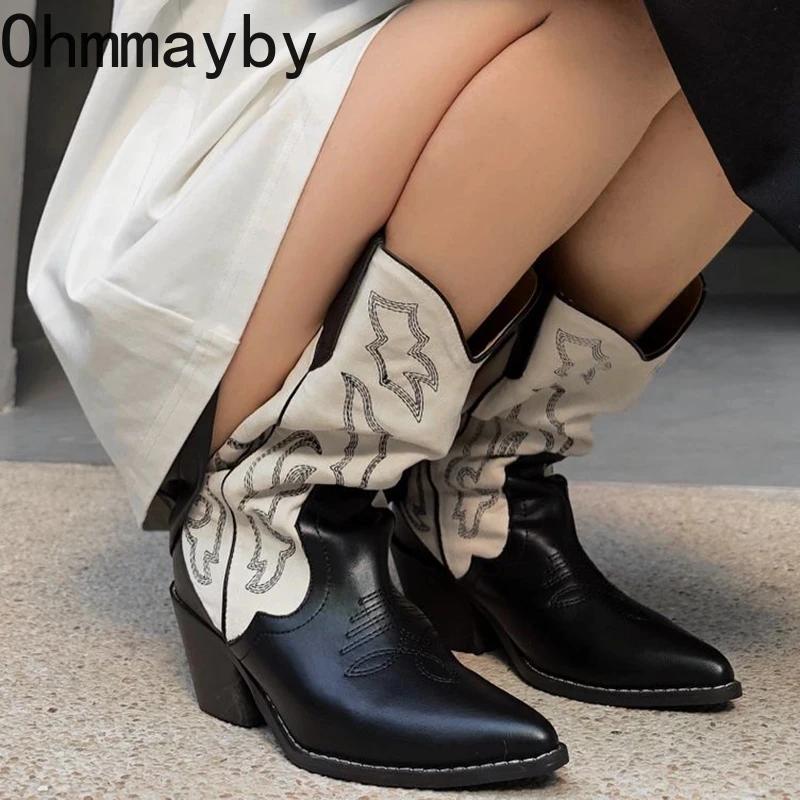 Мода Винтажные женские сапоги в стиле ковбойши Модные туфли с острым носком и вышивкой Осень-зима Толстый каблук Дамы Длинные сапоги рыцаря