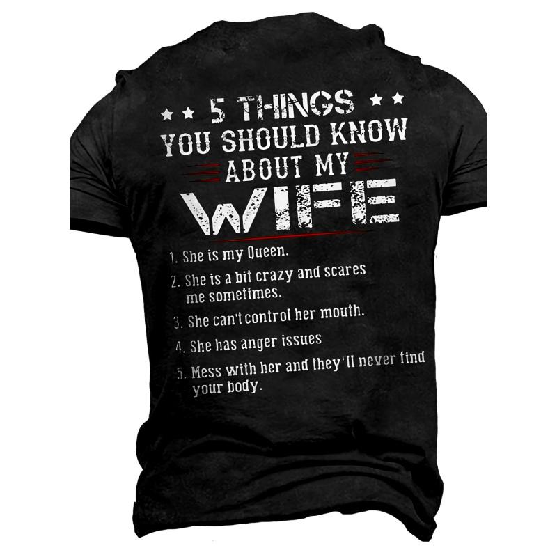 Men'S Funny "5 Things About My Wife" Sarcastic T-Shirt - Soft Breathable Cotton Retro Humor Tee with Wife-Themed Print, Loose Fit Short Sleeve Shirt