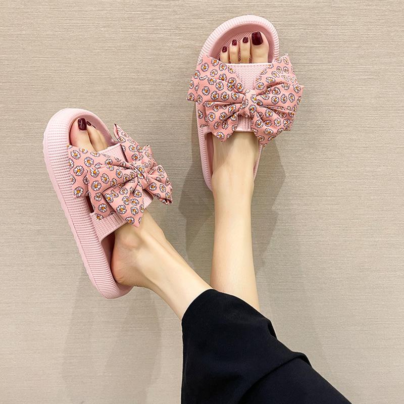 Женские летние новые сандалии на толстой подошве с бантом, модная уличная одежда для купания в помещении, нескользящая пляжная дышащая износостойкая обувь