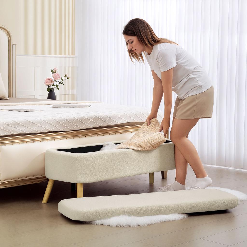 Storage Bench, Seating Bench with 65 L Storage Space, Teddy Fleece Fabric, Rubberwood, 120 x 42 x 45 cm, Beige