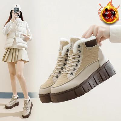 Женская обувь, зимние ботинки, новые студенческие корейские теплые нескользящие удобные ботинки на платформе со шнуровкой, ботильоны для отдыха на открытом воздухе