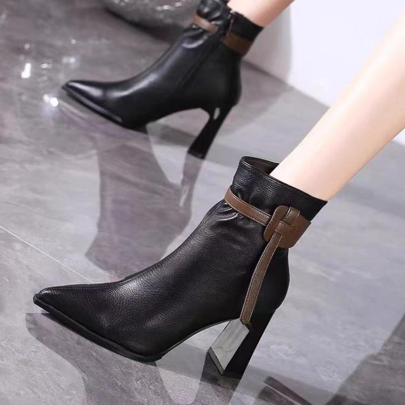 Black Heeled Pointed Toe Leather Female Short Shoes Autumn Winter Fleece-Lined Booties Goth High Quality Women's Ankle Boots