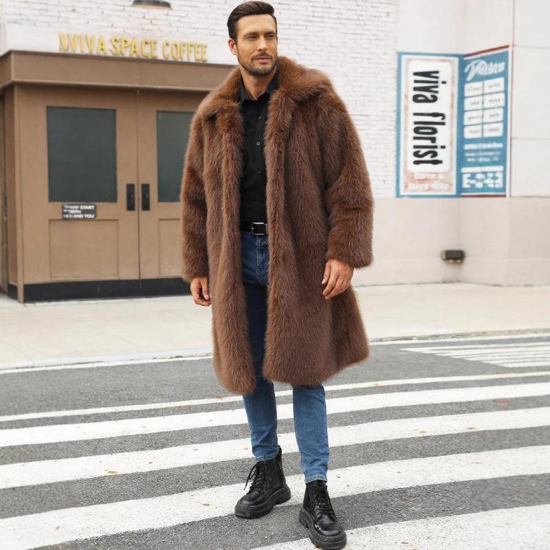 Мужской длинный пальто из коричневого искусственного меха с воротником-лацканами, оверсайз, теплая зимняя куртка