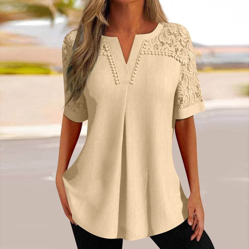 Рубашки с коротким рукавом для женщин, кружевные лоскутные футболки, блузки, повседневные базовые топы, пуловеры