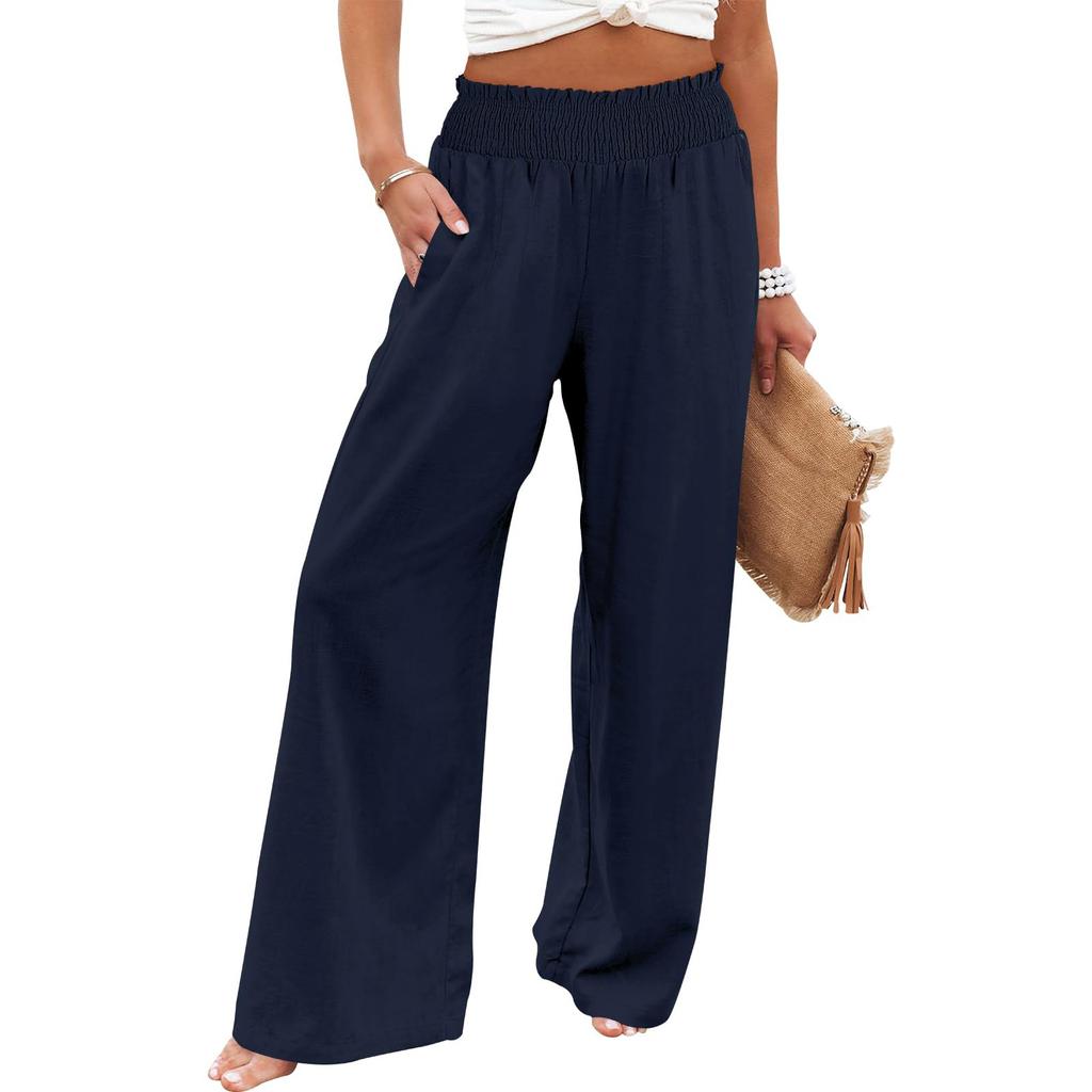 Summer Cotton Linen Wide Leg Pants Women Loose Palazzo Pant Pocket Elastic Waist Casual Pants