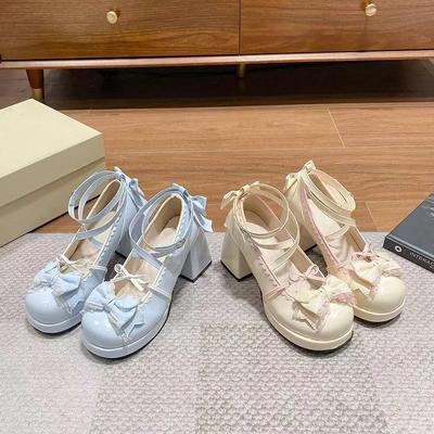 Женские туфли на высоком каблуке с ремешком крест-накрест, туфли-лодочки Мэри Джейн, для вечеринки, свадьбы, косплея, бежевые, синие, с бантом, принцесса, косплей, обувь Лолита 2025