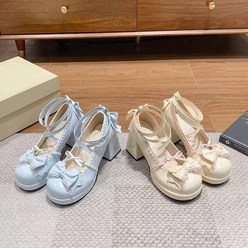 Женские туфли на высоком каблуке с ремешком крест-накрест, туфли-лодочки Мэри Джейн, для вечеринки, свадьбы, косплея, бежевые, синие, с бантом, принцесса, косплей, обувь Лолита 2025
