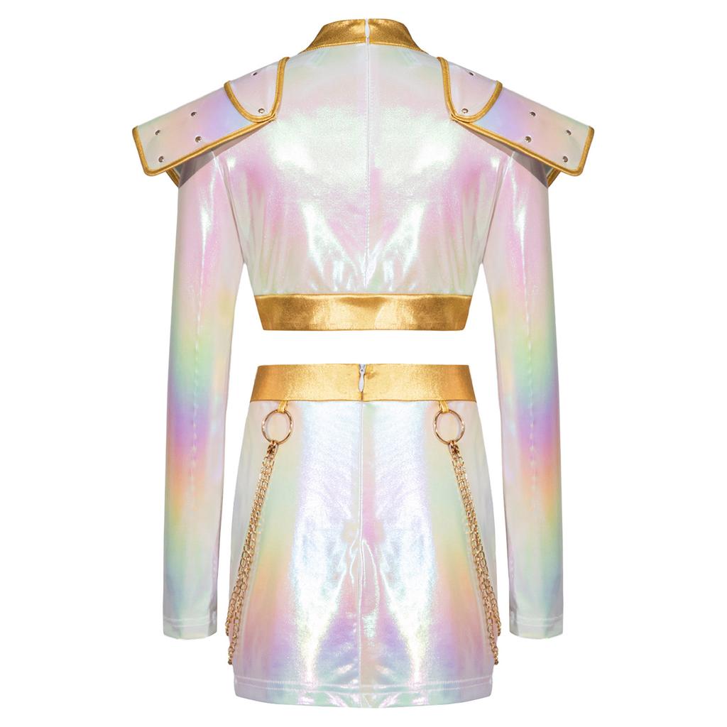 Детский Костюм Охотницы Косплей Хэллоуин Певица Демон Переливающийся Блестящий Кроп-Топ Отделка Пайетками Верхняя Одежда Поясная Цепочка Шорты