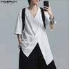 Men Casual V Neck Short Sleeve Front Cross Striped Irregular Shirts Tops