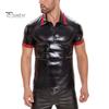 Men Summer Top Turn-down Collar Smooth Faux Leather Short Sleeves Slim Fit Soft Mid Length Club Party Performance