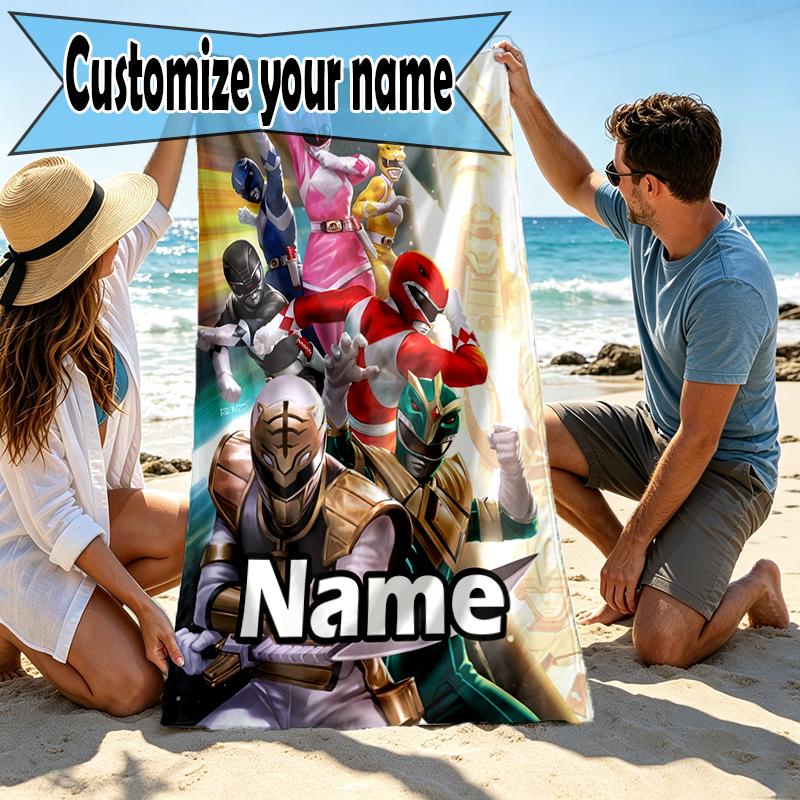 Custom Name Personalized Mighty Morphin Power Rangers Print Beach Towel, for Trip Camping Beach Party Home Decor, Birthday Gift for Family & Friends