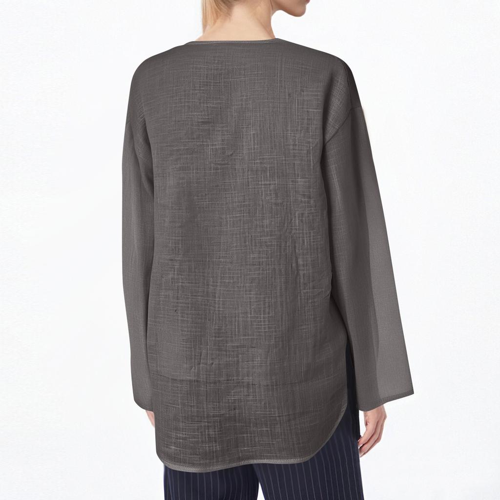Women's Casual Loose Fashion Long Sleeve Cotton Linen Solid Color Retro V-neck Pullover Shirt
