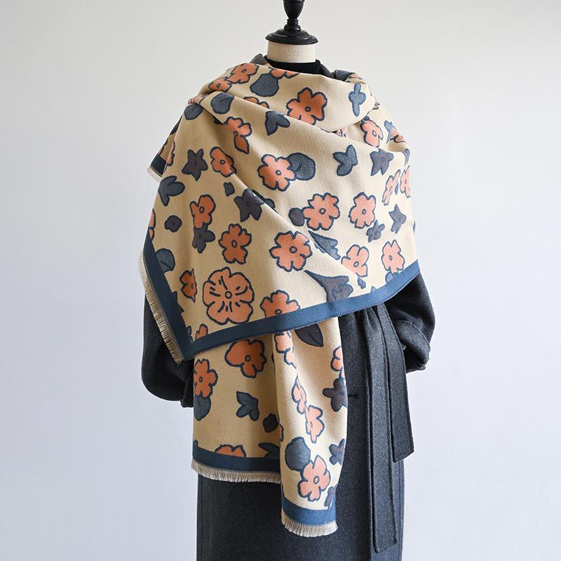 Japanese and Korean Cherry Blossom Flower Print Sweet and Fresh Ladies Imitation Cashmere Warm Scarf Cream Sweet Girl Shawl