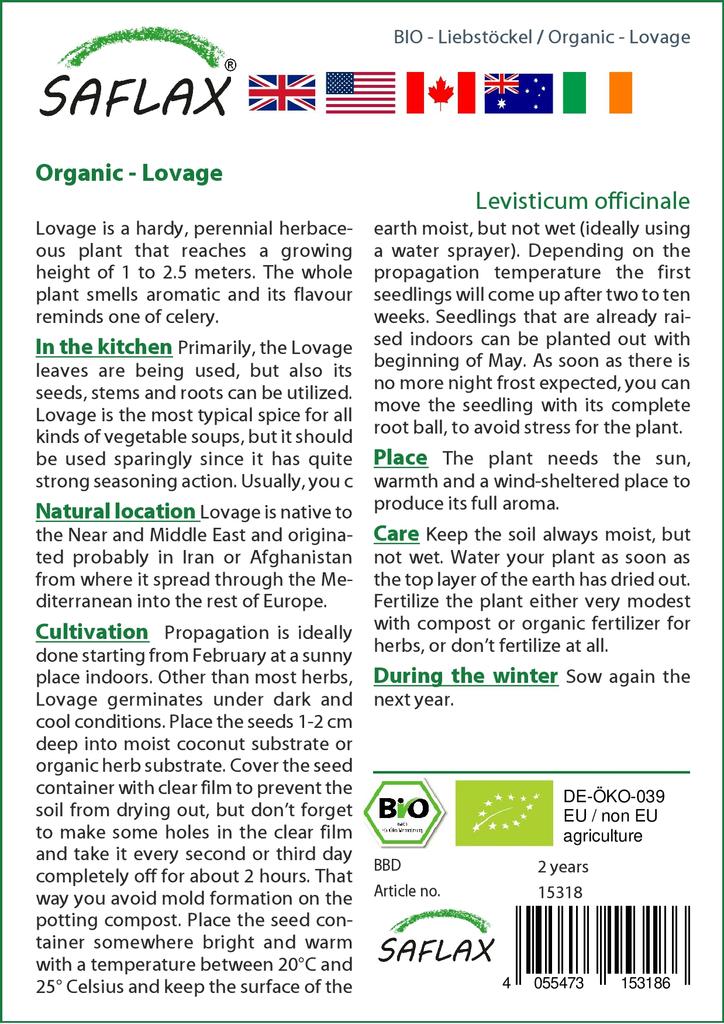 SAFLAX Garden in the Bag - Органический - Любисток - 100 семян - С субстратом в удобном стоячем пакете - Levisticum officinale