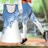 Blue Tilted Plain Elegant Flower Print Yoga Outfit for Women Fashion Workout Leggings Fitness Sports Casual Yoga Set Sports Suit