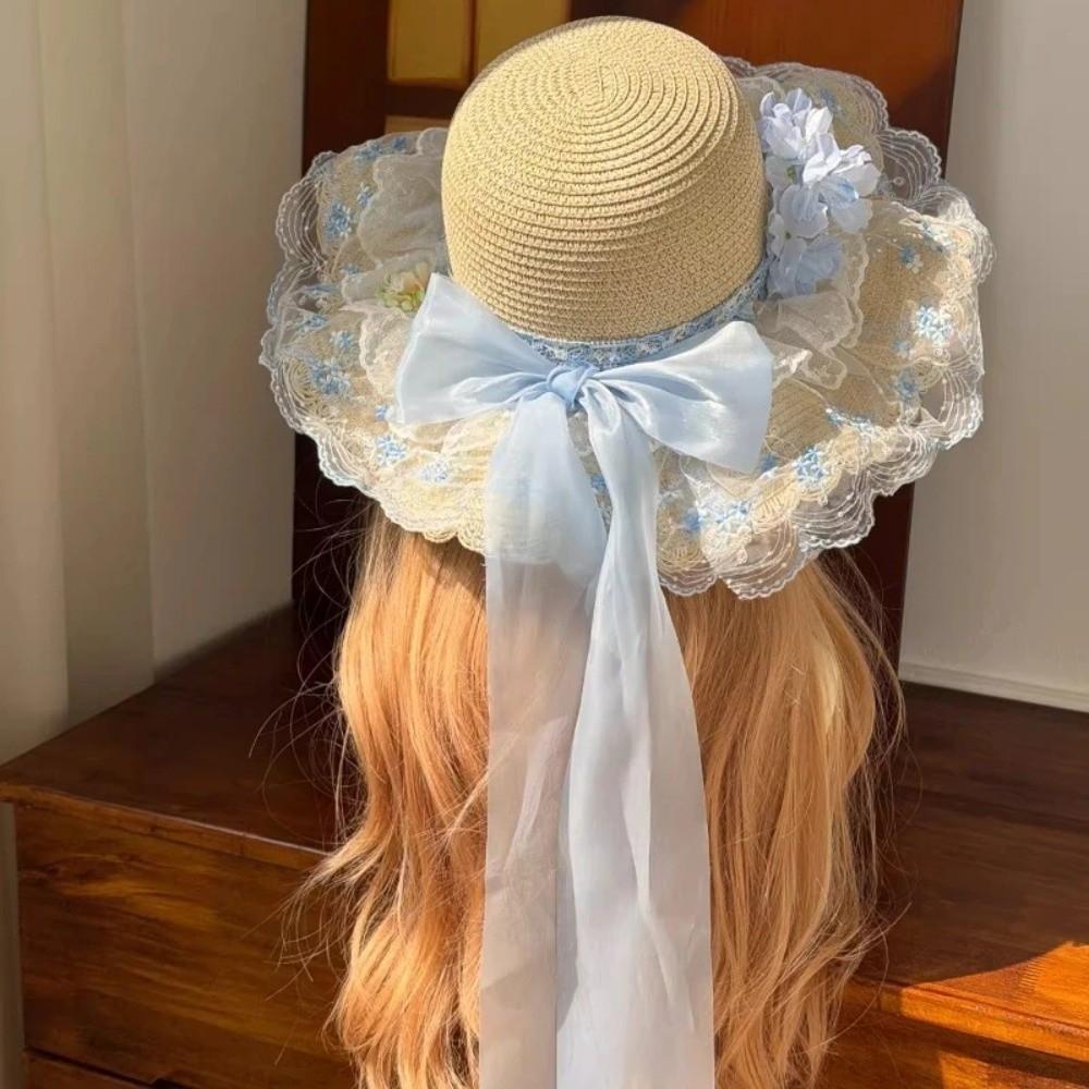 Breathable Lace Brim Sunshade Cap Elegant Outdoor Beach Hat Woman's Straw Hat Casual Wear
