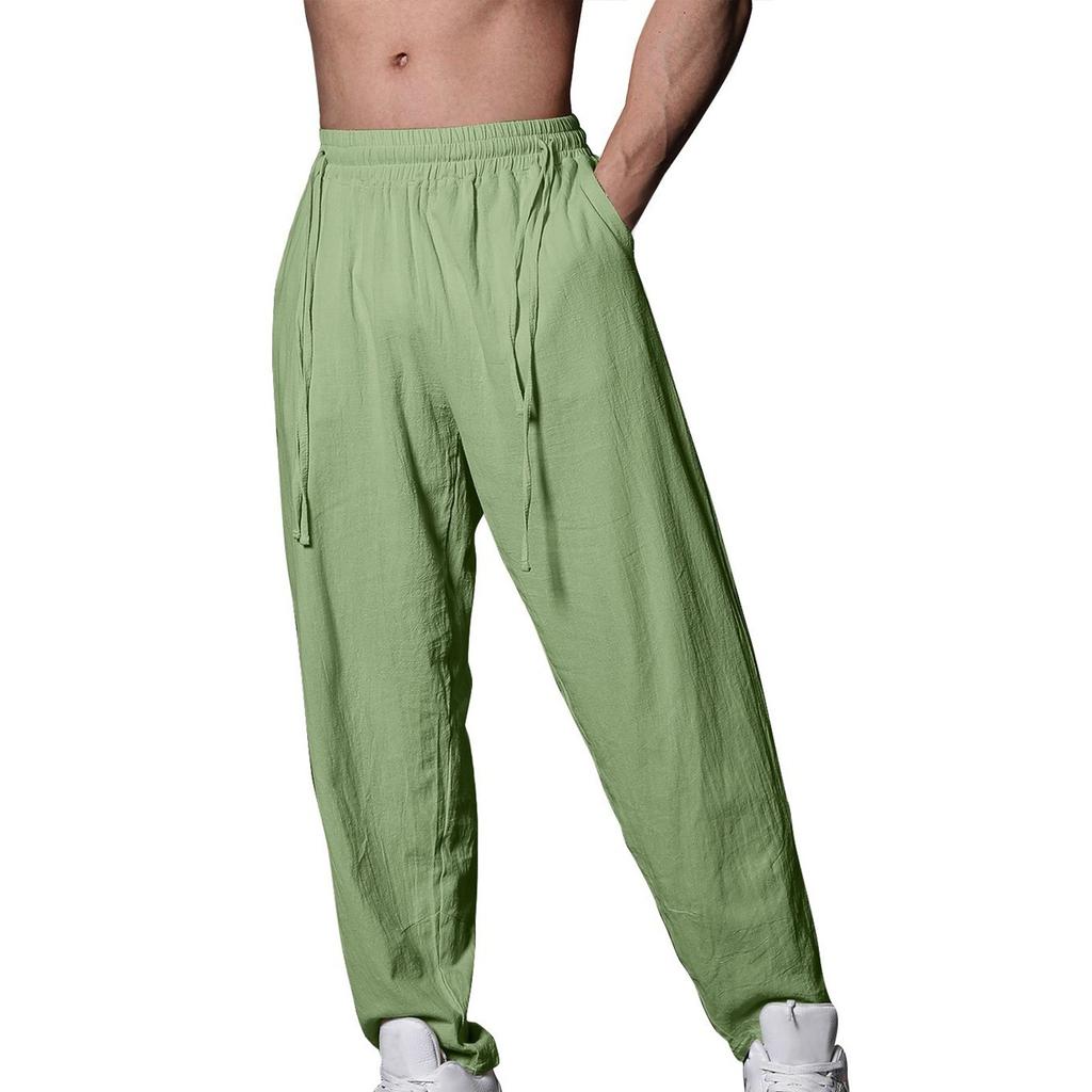 Мужские летние повседневные брюки на шнурке Мужские дышащие брюки из хлопка и льна